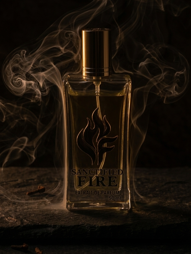 Frasco de Sanctified Fire 50ml envolto em fumaça