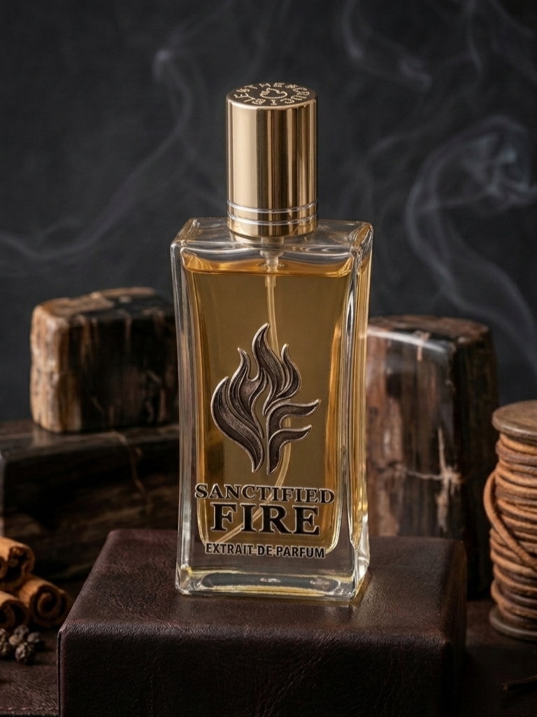 Frasco de Sanctified Fire entre madeiras escuras e fumaça